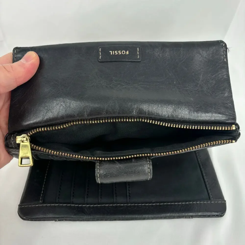 Fossil Folding Wallet Black Leather ID‎ Window Credit Card Coin Zip Pocket